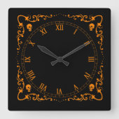 Pumpkin Orange Halloween Magic Border mit Skullen Quadratische Wanduhr (Vorderseite)