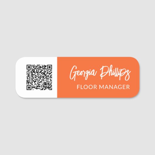 Pumpkin Orange White QR Code Brush Skript Namensschild (Vorderseite)