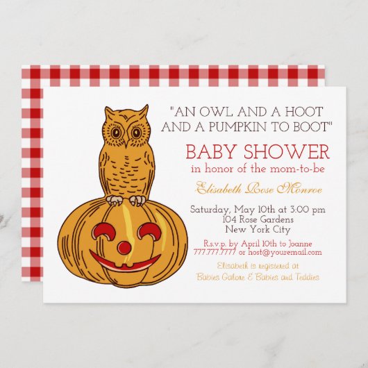 Pumpkin Owl & Gingham Baby Dusche Einladung (Vorne/Hinten)