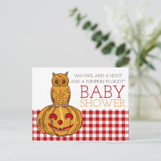 Pumpkin Owl & Gingham Baby Dusche Einladung (Stehend Vorderseite)