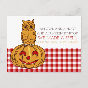 Pumpkin Owl & Gingham Baby Girl Ankündigung