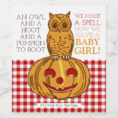 Pumpkin Owl & Gingham Baby Girl Ankündigung Weinetikett (Einzelnes Label)