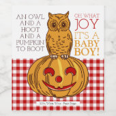 Pumpkin Owl & Gingham Es ist eine Baby Boy Ankündi Weinetikett (Einzelnes Label)
