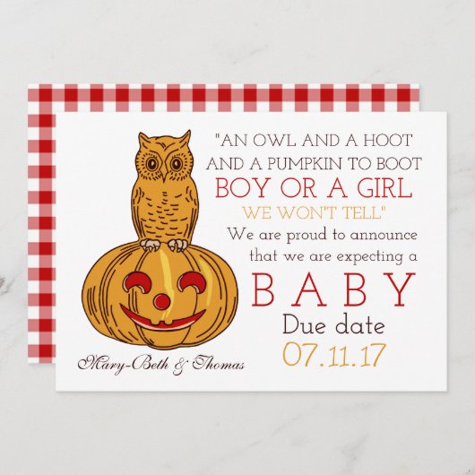 Pumpkin Owl & Gingham New Baby Ankündigung (Vorne/Hinten)