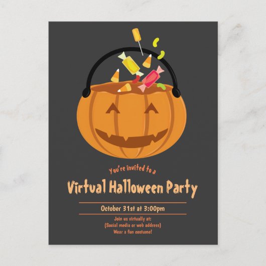 Pumpkin Pail Candy Gray Virtual Halloween-Party Einladungspostkarte (Vorderseite)