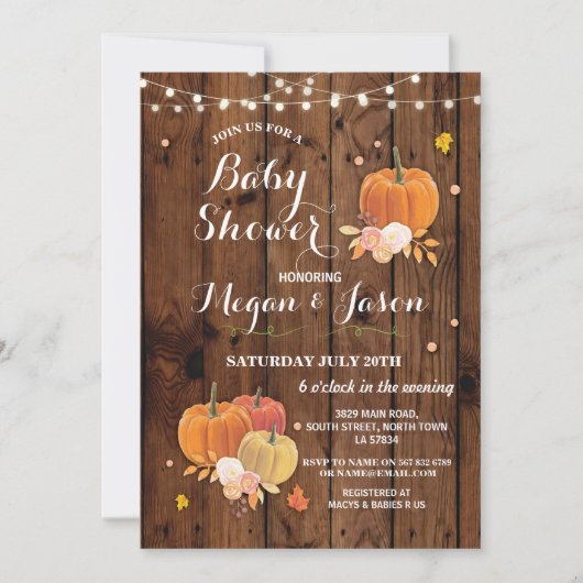 Pumpkin Party Babydusche Fall Rustikale Holzeinlad Einladung (Vorderseite)