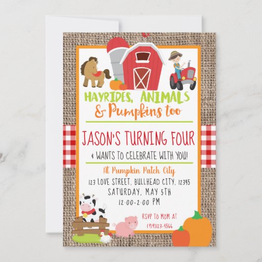 Pumpkin Patch Bauer Boys Red Gingham Birthday Einladung (Vorderseite)