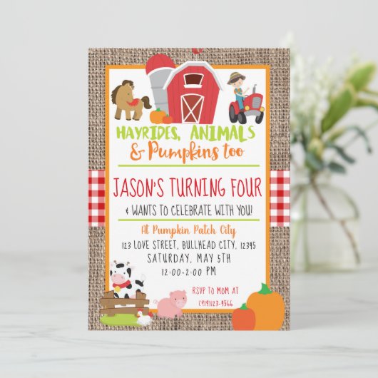 Pumpkin Patch Bauer Boys Red Gingham Birthday Einladung (Stehend Vorderseite)