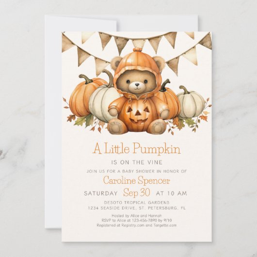 Pumpkin Patch Bear Baby Shower Einladung (Vorderseite)
