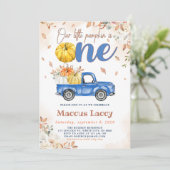 Pumpkin Patch Boy 1st Birthday Blue Truck Einladung (Stehend Vorderseite)
