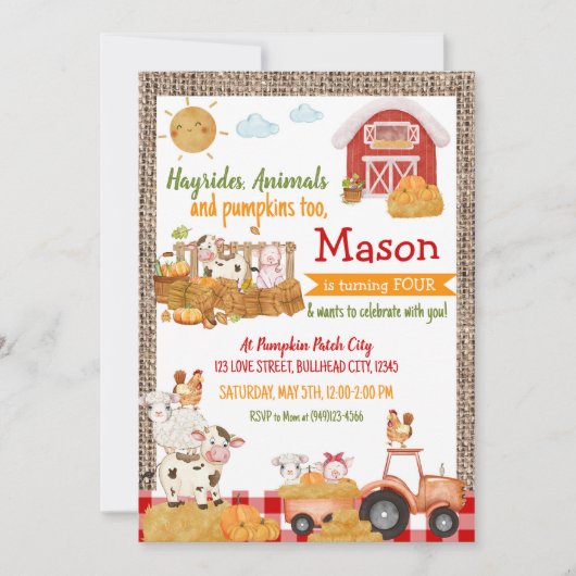 Pumpkin Patch Farm Animals Geburtstag Einladung (Vorderseite)