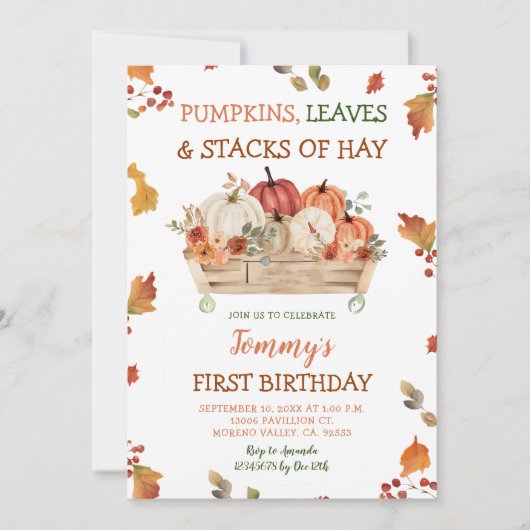 Pumpkin Patch Hays Blätter Rustikale Herbst Geburt Einladung (Vorderseite)