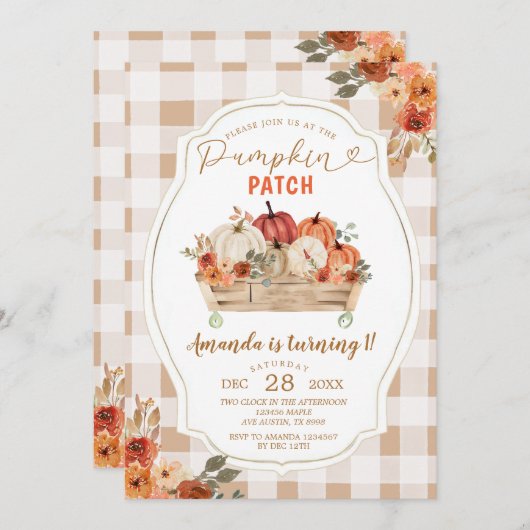 Pumpkin Patch Herbst Gingham Floral Erster Geburts Einladung (Vorne/Hinten)