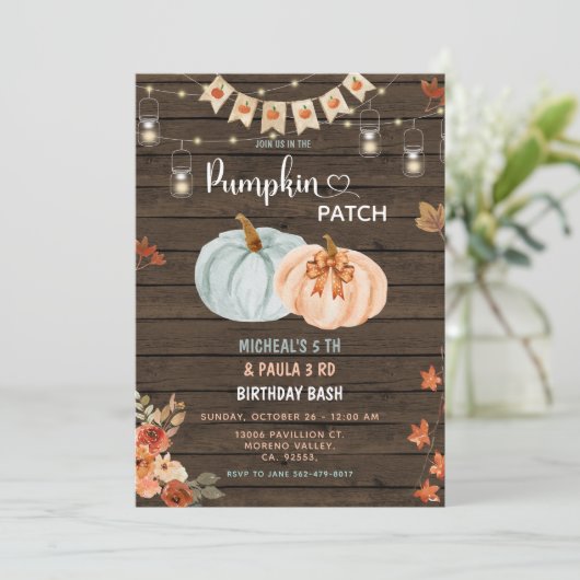 Pumpkin Patch Joint Birthday Siblings Party Einladung (Stehend Vorderseite)