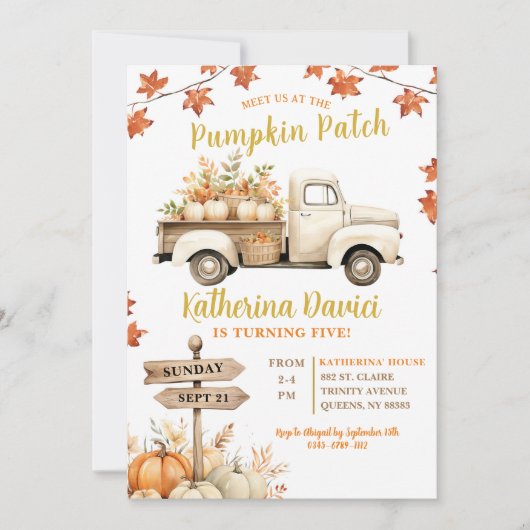 Pumpkin Patch Maple Blätter Birthday Girl Einladung (Vorderseite)