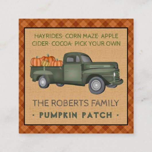 Pumpkin Patchfamilie Vintager LKW Herbst Kariert Quadratische Visitenkarte (Vorderseite)