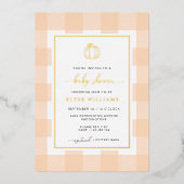 Pumpkin Peach Gingham Baby Shower Foil Einladung (Vorderseite)