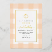 Pumpkin Peach Gingham Birthday Foil Einladung (Vorderseite)