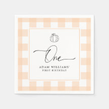 Pumpkin Peach Gingham First Birthday Paper Napkin
