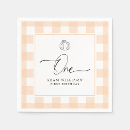 Pumpkin Peach Gingham First Birthday Paper Napkin Serviette