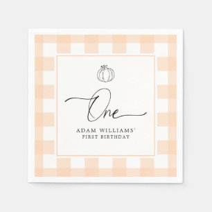 Pumpkin Peach Gingham First Birthday Paper Napkin Serviette