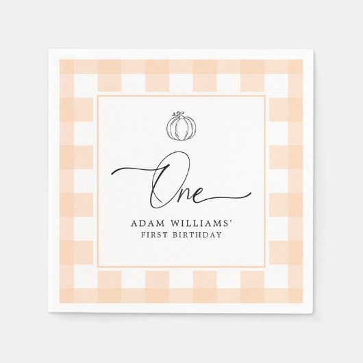 Pumpkin Peach Gingham First Birthday Paper Napkin Serviette (Vorderseite)