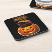 Pumpkin peeking kitty whimsical happy Halloween Getränkeuntersetzer (Linke Seite)