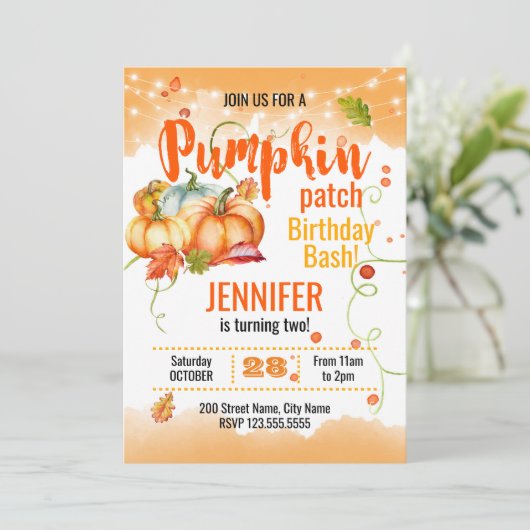 Pumpkin-Pflaster-Birthday-Bash Einladung (Stehend Vorderseite)