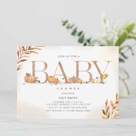 Pumpkin Pflaster Briefe Herbst Babydusche im Herbs Einladung (Stehend Vorderseite)