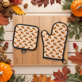 Pumpkin Pie auf Orange Karierten Erntedank Ofenhandschuh & Topflappen-Set