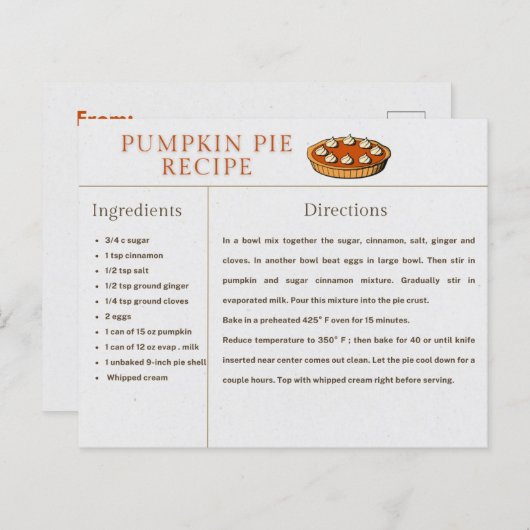 Pumpkin Pie Rezept Card Erntedank und Weihnachten (Vorne/Hinten)