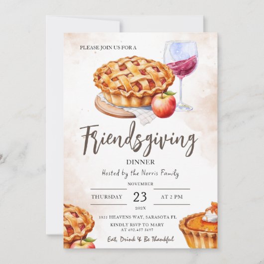 Pumpkin Pie Watercolor Friendsgiving Dinner Einladung (Vorderseite)