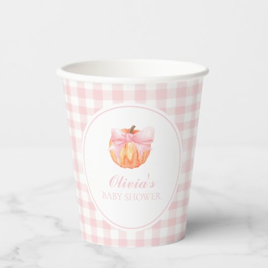 Pumpkin Pink-Bogen und Gingham-Babydusche Pappbecher (Vorderseite)