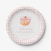 Pumpkin Pink-Bogen und Gingham-Babydusche Pappteller (Vorderseite)