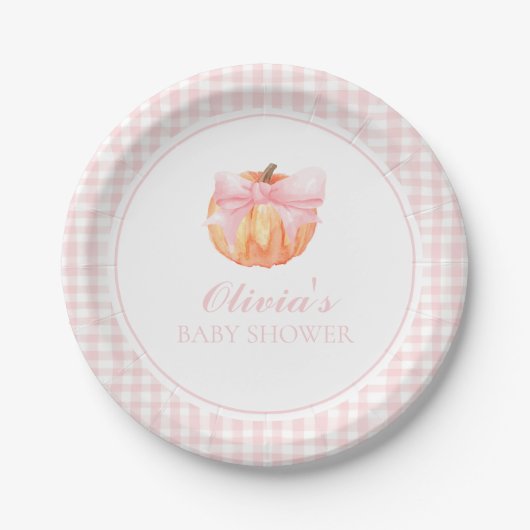 Pumpkin Pink-Bogen und Gingham-Babydusche Pappteller (Vorderseite)