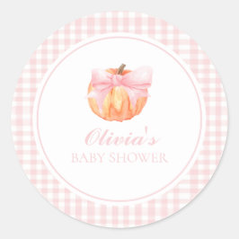Pumpkin Pink-Bogen und Gingham-Babydusche Runder Aufkleber