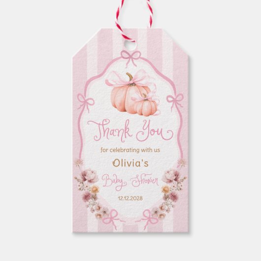 Pumpkin Pink Bow Floral Baby Shower Thank You Geschenkanhänger (Vorderseite)