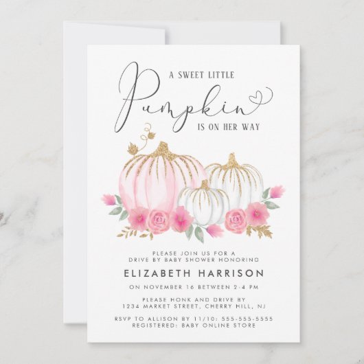 Pumpkin Pink Floral Baby Girl Drive By Showdown Einladung (Vorderseite)