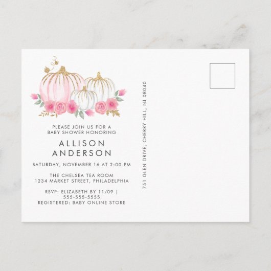 Pumpkin Pink Floral Wasserfarbe Kindermädchen Dusc Einladungspostkarte (Rückseite)