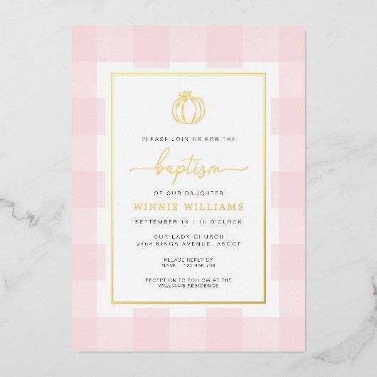 Pumpkin Pink Gingham Taufe Gold Foil Einladung (Vorderseite)