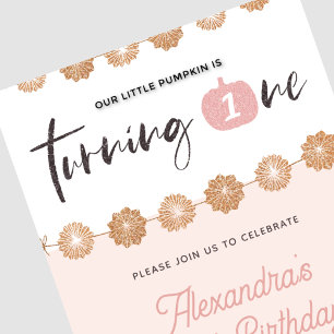 Pumpkin Pink Gold Floral Halloween 1. Geburtstag Einladung