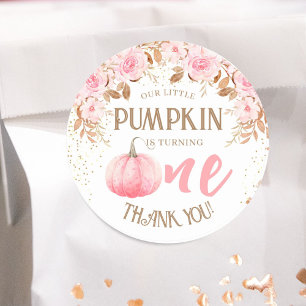 Pumpkin Pink & Gold Girl Floral Herbst 1. Geburtst Runder Aufkleber