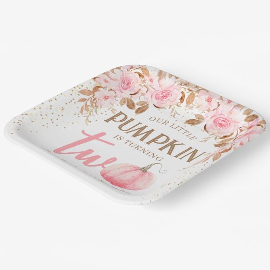 Pumpkin Pink & Gold Girl Floral Herbst 2. Geburtst Pappteller (Gewinkelt)