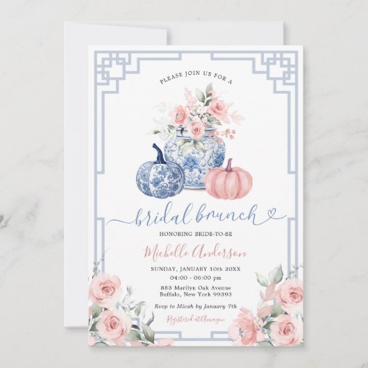 Pumpkin Pink Peony Chinoiserie Jar Bridal Brunch Einladung (Vorderseite)