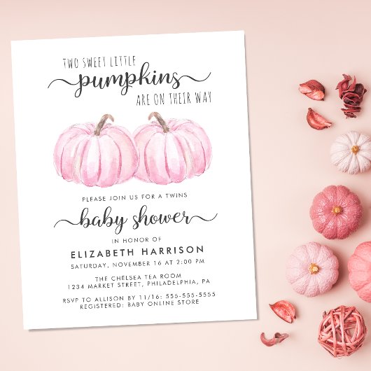 Pumpkin Pink Twin Baby Girls Dusche Einladung