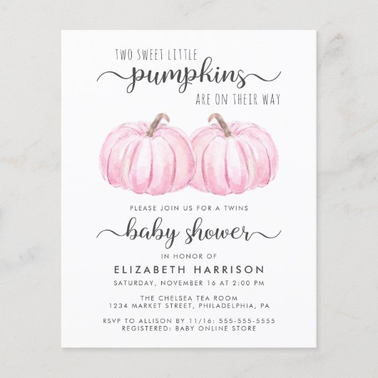 Pumpkin Pink Twin Baby Girls Dusche Einladung (Vorderseite)