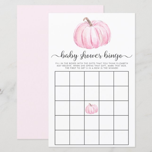 Pumpkin Pink Watercolor Bingo Baby Showspiel (Vorne/Hinten)