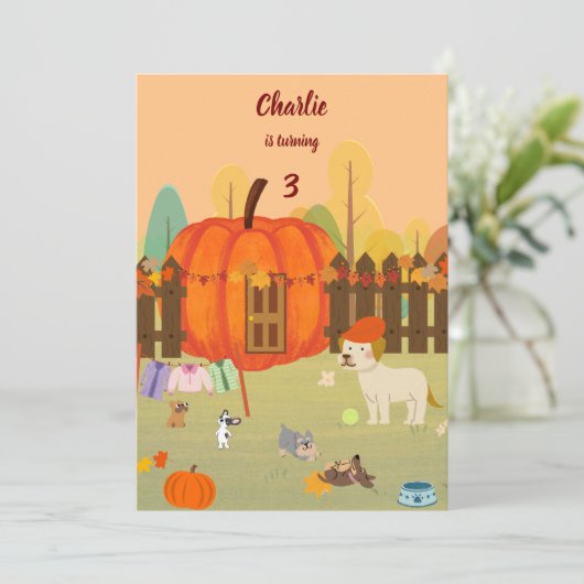 Pumpkin Pups Herbstfeier Geburtstag Einladung (Stehend Vorderseite)