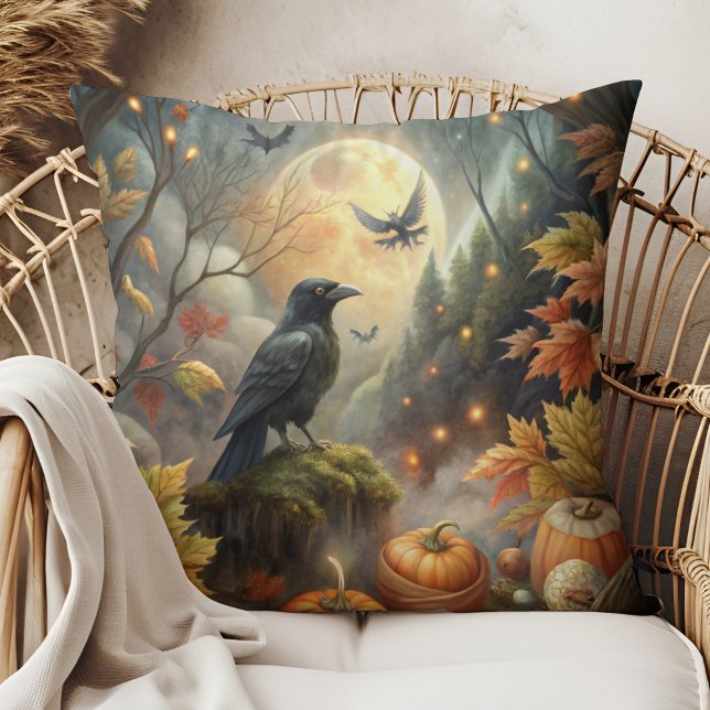 Pumpkin Raven Kunst, Dichtung und Musik Kissen (Pumpkin Raven Autumn Art - Witchy Forest Design Throw Pillow on a boho rattan armchair.)