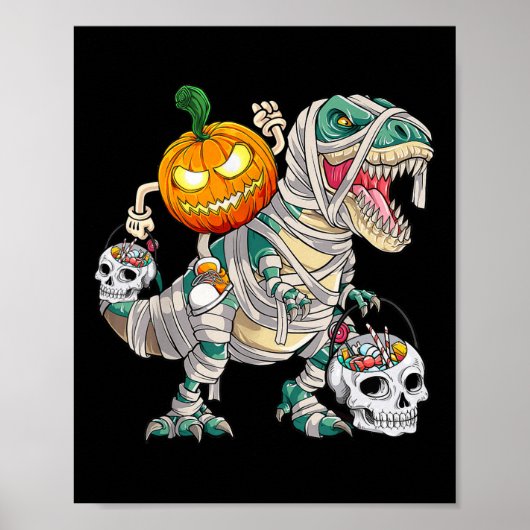 Pumpkin Riding Mummy Dinosaur T rex Halloween Spaß Poster (Vorne)